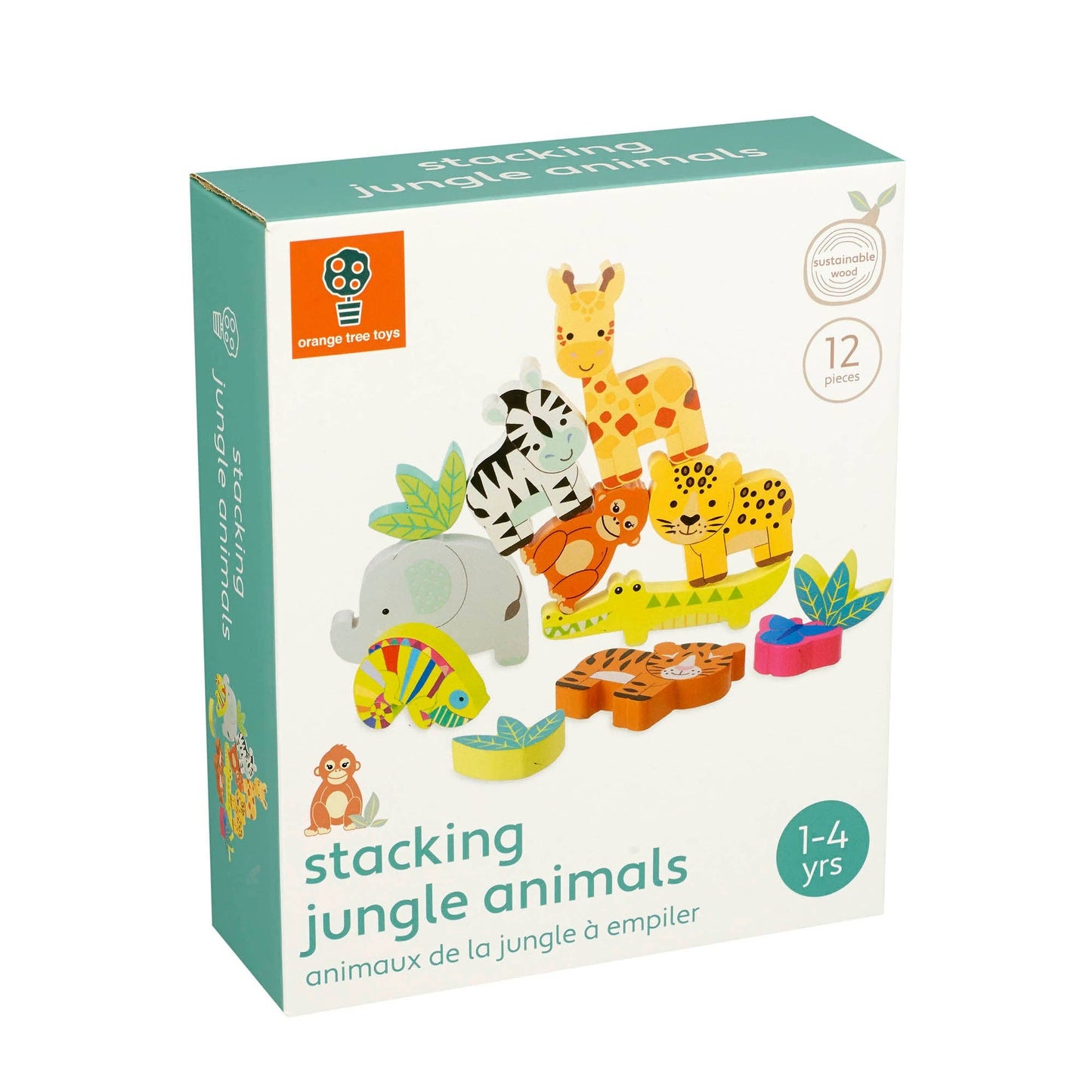 Box of stacking jungle animals toy set with colorful illustrations on a white background