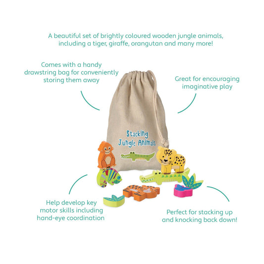 Set of wooden jungle animals with a drawstring bag on a white background