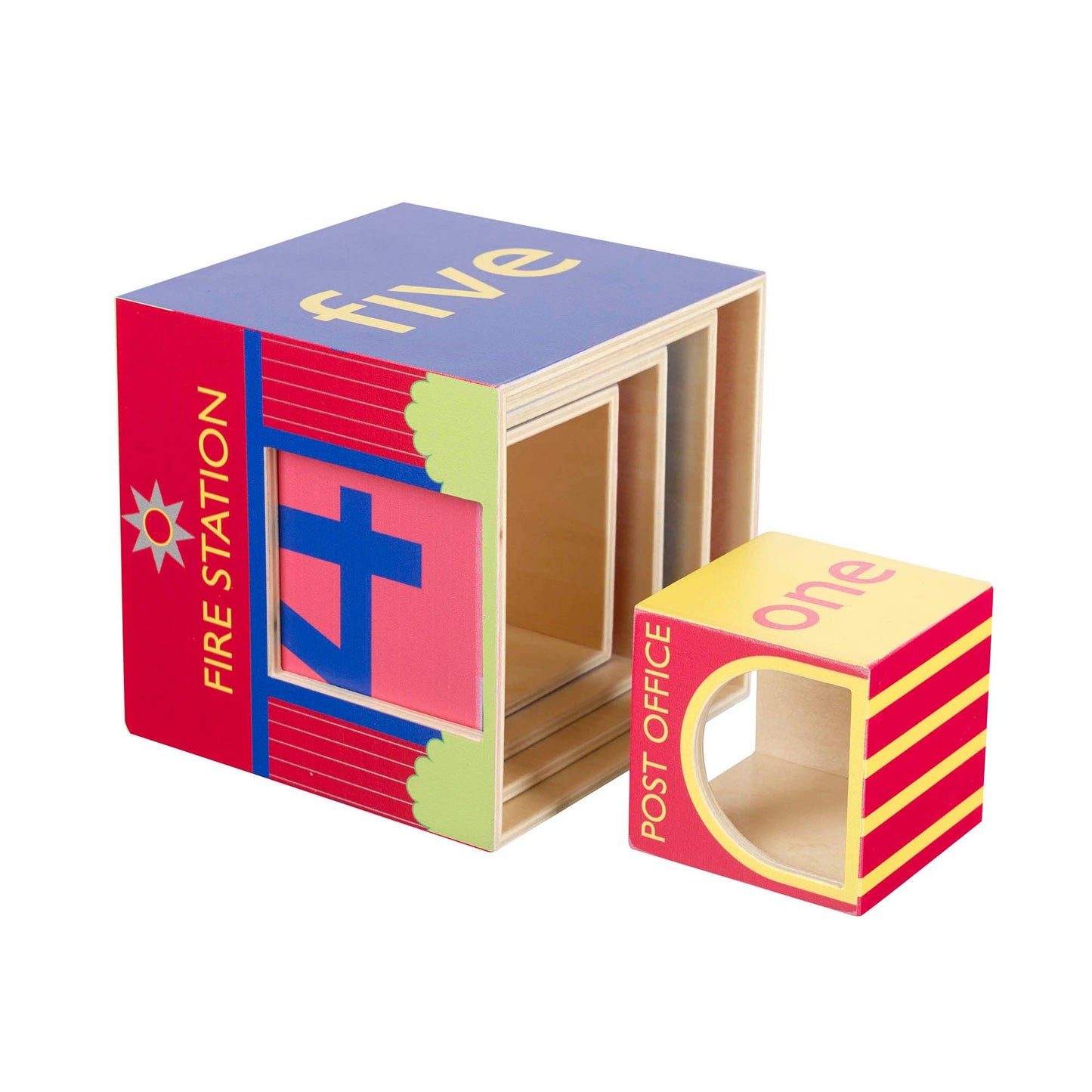 Colorful wooden blocks labeled 'five', 'fire station', 'one', and 'post office' on a white background.