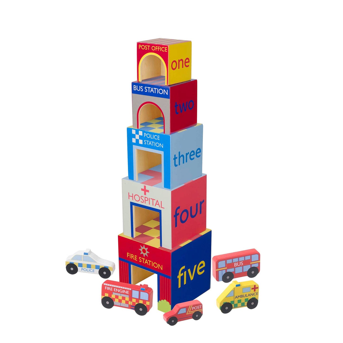 Stack of colourful wooden toy blocks with different UK emergency service names and small toy vehicles on a white background